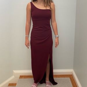One-shoulder, flour length red dress